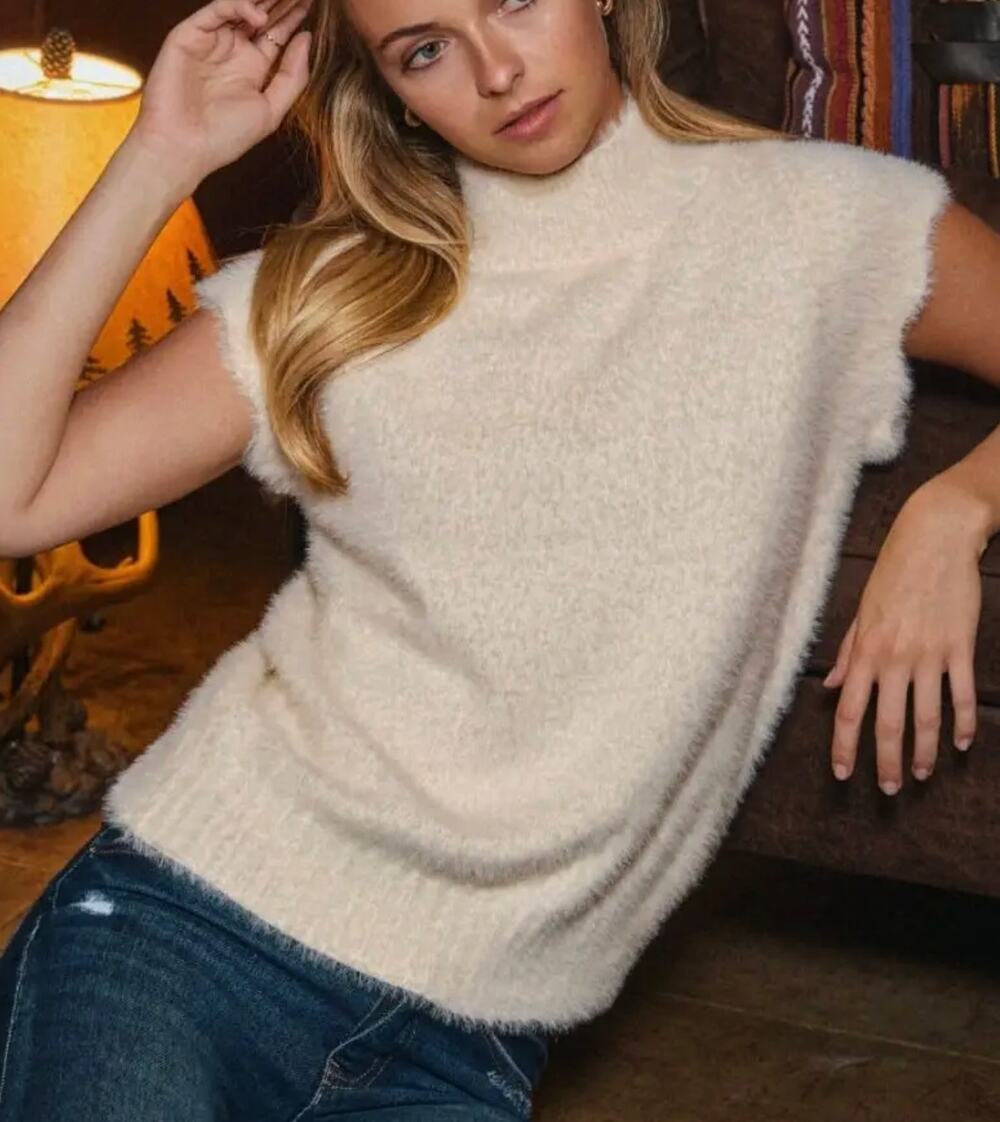 ODDI Ivory Cream Fuzzy Mock Neck Sweater Soft Cozy Knit Top Size Small